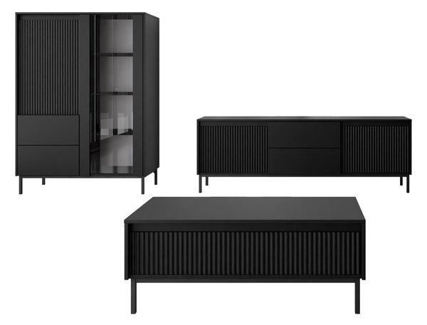 Set de living Comfivo Delruva V, Negru, PAL laminat, Sticlă călită, MDF