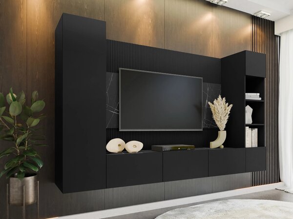 Set de living Comfivo Salix IV, Marmură neagră, Negru, PAL laminat, 150x260x38cm