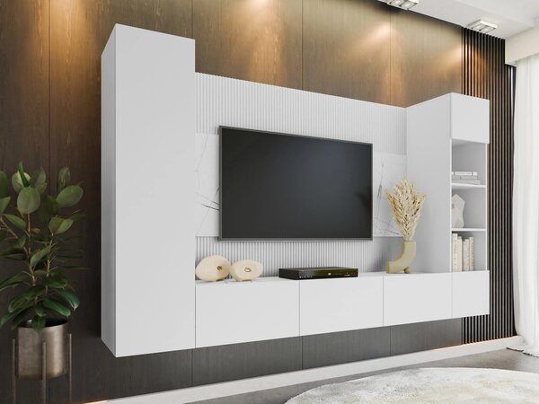 Set de living Comfivo Salix IV, Marmură albă, Alb, PAL laminat, 150x260x38cm