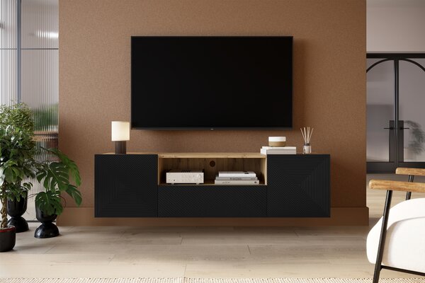 Comodă TV suspendatăă Asha 167 cm cu sertar și nișă - artisan / negru mat