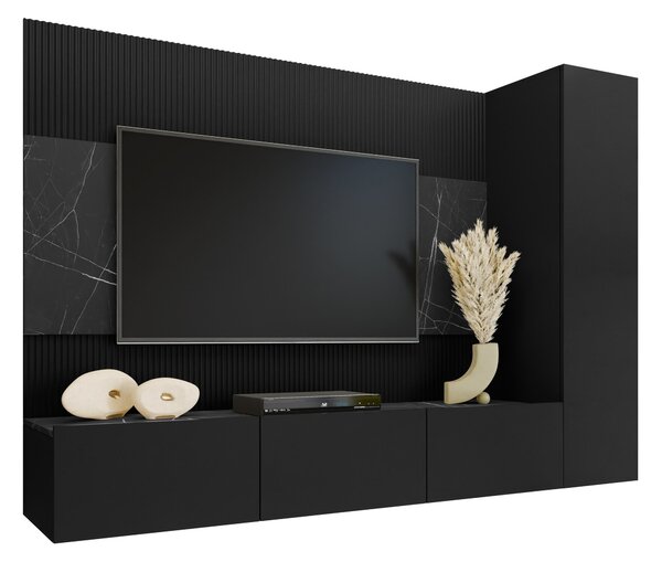 Set de living Comfivo Salix VI, Marmură neagră, Negru, PAL laminat, 150x220x38cm