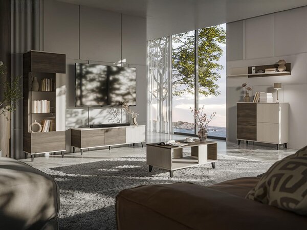 Set de living Luelia 108, Cașmir, Nuc, PAL laminat, Sticlă călită, MDF