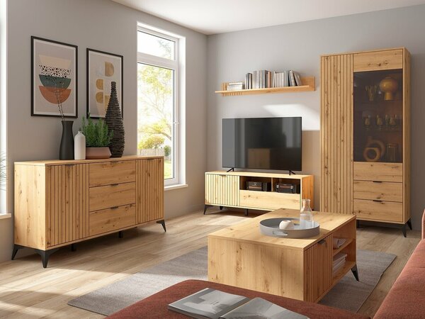 Set de living Ludale 113, Stejar artizan, PAL laminat, Sticlă