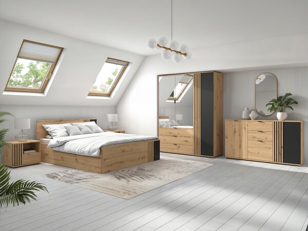 Set dormitor Orlnolu 110, Negru, Stejar artizan, PAL laminat, MDF