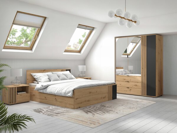 Set dormitor Orlnolu 110, Stejar artizan, Negru, PAL laminat, MDF