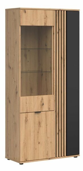 Set de living Orlnolu 111, Negru, Stejar artizan, PAL laminat, Sticlă, MDF