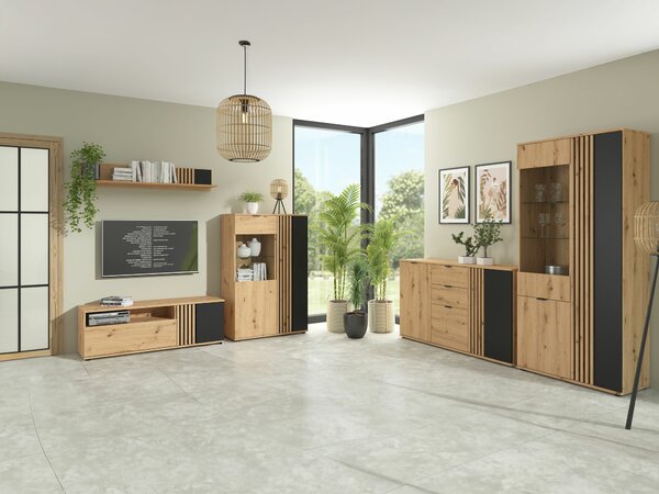Set de living Orlnolu 111, Negru, Stejar artizan, PAL laminat, Sticlă, MDF