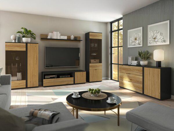 Set de living Lucami 110, Stejar, Negru, PAL laminat, Sticlă