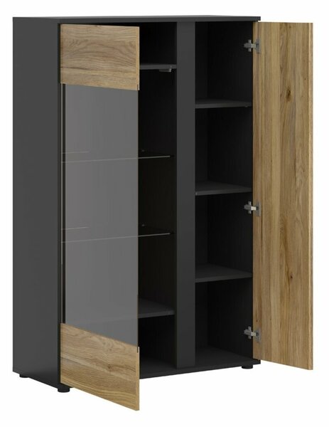 Set de living Lucami 110, Stejar, Negru, PAL laminat, Sticlă