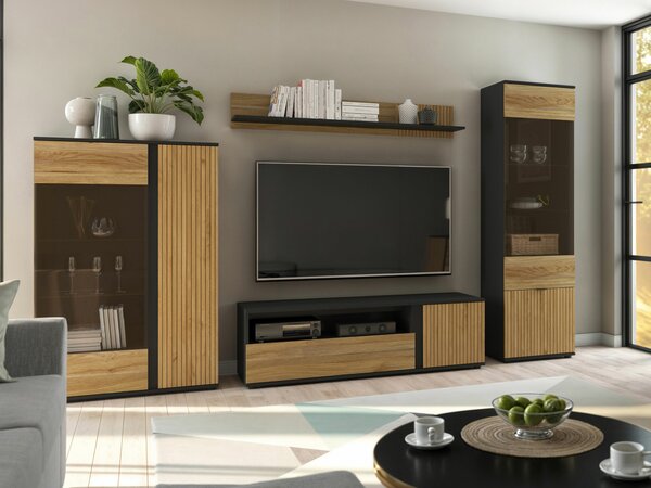 Set de living Lucami 110, Negru, Stejar, PAL laminat, Sticlă