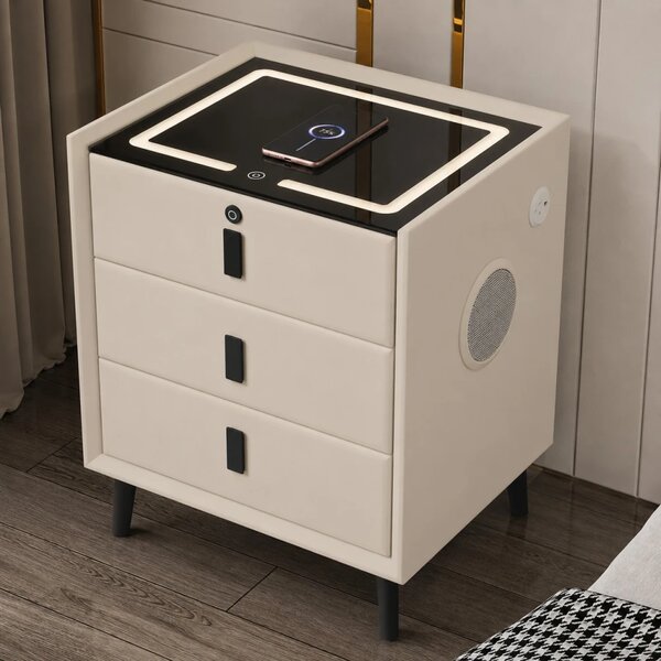 Noptieră inteligentă multifuncțională, 3 sertare, blocare cu amprentă, LED-uri tactile, 3 tipuri de culoare, încărcare fără fir, Difuzor Bluetooth, incarcare USB, sticla securizata, Ivory