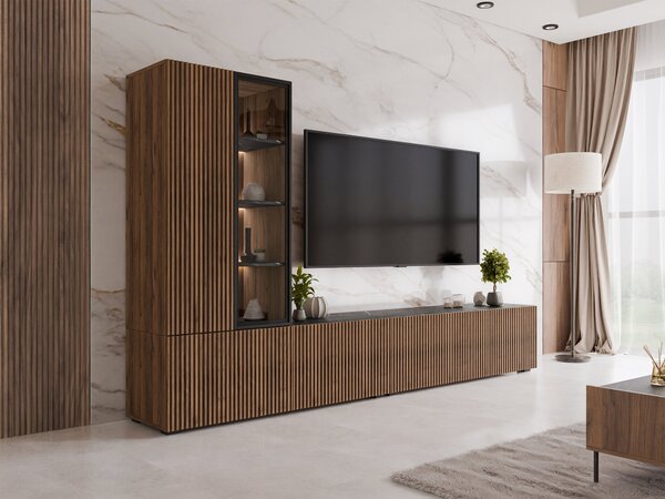 Set de living Comfivo Tutelar, Marmură neagră, Nuc, Sticlă călită, MDF, PAL laminat, 93 kg