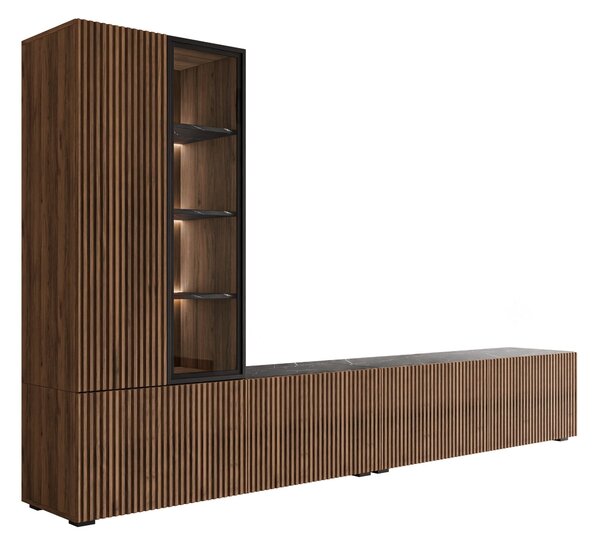 Set de living Comfivo Tutelar, Marmură neagră, Nuc, Sticlă călită, MDF, PAL laminat, 93 kg