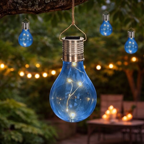 Lampă solară în formă de bec albastru transparent, LED, pentru grădină, terasă și exterior