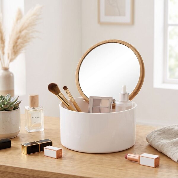 Oglindă de machiaj cu organizator cosmetic rotund, 13x13x7 cm, Eleganza