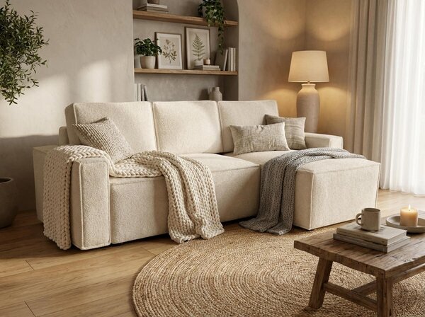 Canapea extensibila de colt SMART BOUCLE, crem, reversibila, 232x143 cm