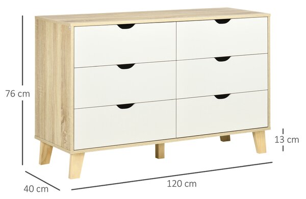 HOMCOM Comodă cu 6 Sertare, Mânere Sculptate și Picioare Trapezoidale, 120x40x76 cm, Lemn Natural | Aosom Romania