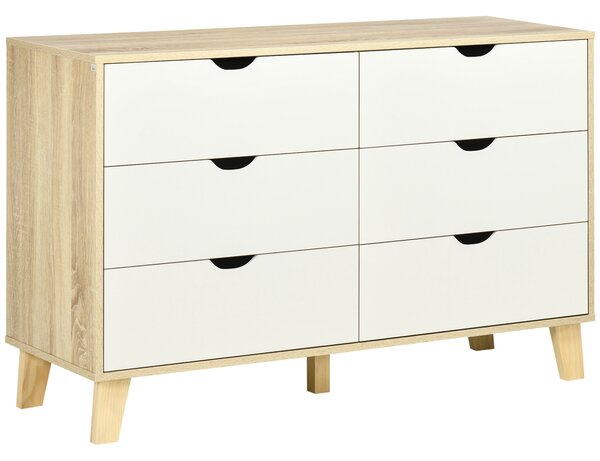 HOMCOM Comodă cu 6 Sertare, Mânere Sculptate și Picioare Trapezoidale, 120x40x76 cm, Lemn Natural | Aosom Romania