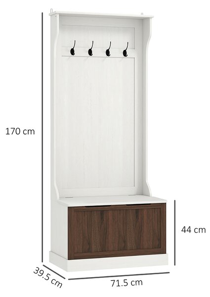 HOMCOM Cuier de Intrare 3 în 1 cu 4 Cârlige, Etajeră pentru Pantofi și Bancă Depozitare, 71,5x39,5x170 cm, Maro | Aosom Romania