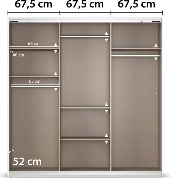 Dressing 203 cm lungime, 3 usi glisante, oglinda pe mijloc, compartimentare premium, 210 cm înălțime