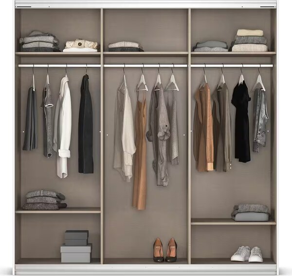 Dressing 203 cm lungime, 3 usi glisante, oglinda pe mijloc, compartimentare premium, 210 cm înălțime