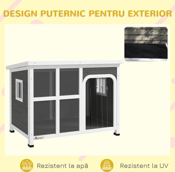 PawHut Căsuță pentru Câini cu Ferestre Laterale, Bază Detașabilă și Acoperiș Rabatabil, 90x62x71 cm, Gri Deschis | Aosom Romania
