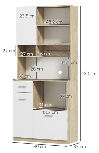 HOMCOM Bufet Înalt de Bucătărie cu Sertar, 3 Dulapuri și 4 Compartimente Deschise, 80x35x180 cm, Alb | Aosom Romania