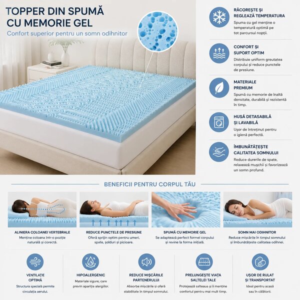 Topper ortopedic saltea spuma cu memorie si gel racoritor, 5 zone, Alb