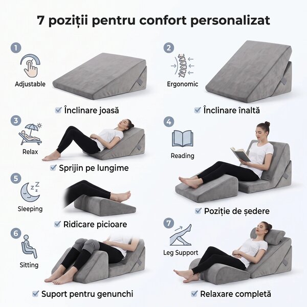 Perna sprijin inclinata reglabila 22-30 cm, memory foam, husa catifea