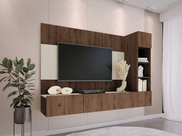Set de living Comfivo Salix II, Deschis Travertine, Nuc, PAL laminat, 150x220x38cm, 77.5 kg