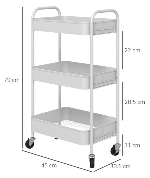 HOMCOM Cărucior pentru Depozitare pe 3 Nivele și Roți cu Frâne, Cărucior Rulant cu 3 Coșuri din Plasă, 45x30,6x79 cm, Alb | Aosom Romania
