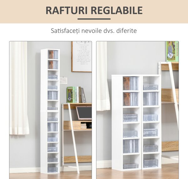 HOMCOM Bibliotecă Raft pentru CD, Set din 2 Piese cu 12 Rafturi din Lemn, 21x19,2x88,3 cm, Alb | Aosom Romania