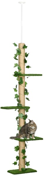 PawHut Stâlp Înalt pentru Pisici cu Tijă de Tensionare din Iută cu Frunze, 37x21x202-242 cm, Verde | Aosom Romania