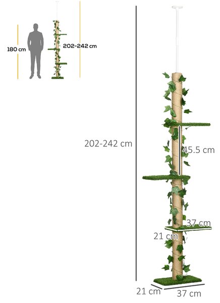 PawHut Stâlp Înalt pentru Pisici cu Tijă de Tensionare din Iută cu Frunze, 37x21x202-242 cm, Verde | Aosom Romania