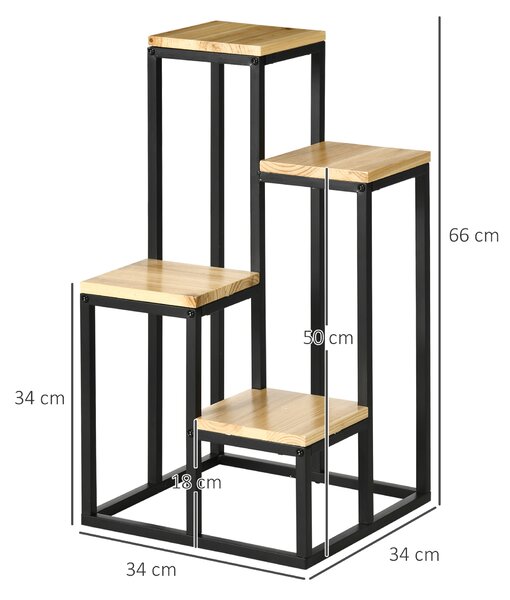 Outsunny Raft pentru Plante cu 4 niveluri din Metal și Lemn de Brad pentru Interior și Exterior, 34x34x66 cm, Natural | Aosom Romania