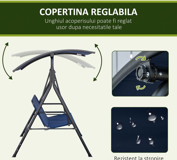 Outsunny Leagăn de Grădină cu 3 Locuri și Acoperiș Reglabil din Material și Oțel, 172x110x153 cm, Albastru Închis | Aosom Romania