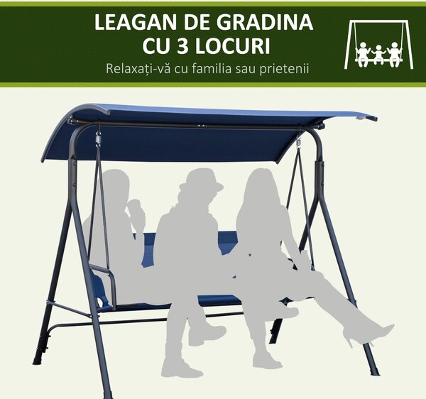 Outsunny Leagăn de Grădină cu 3 Locuri și Acoperiș Reglabil din Material și Oțel, 172x110x153 cm, Albastru Închis | Aosom Romania