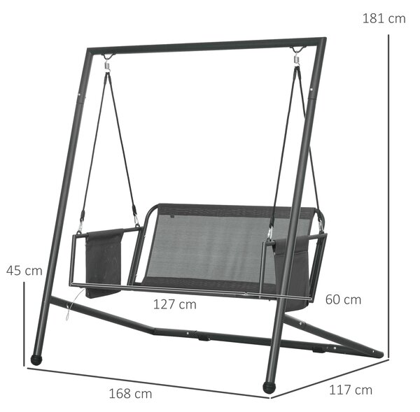 Outsunny Leagăn de Grădină cu 2 Locuri, Perne și Buzunare, Balansoar Exterior din Oțel și Textile, 168x117x181 cm, Gri Închis | Aosom Romania