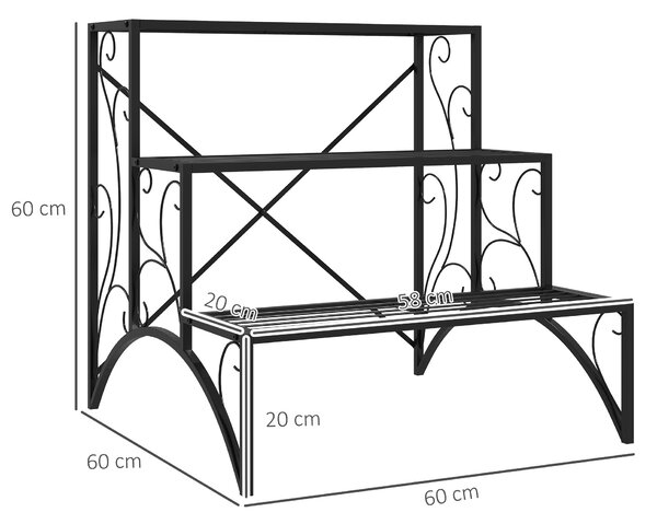 Outsunny Raft pentru Plante cu 3 Niveluri din metal, 60x60x60 cm, Negru | Aosom Romania