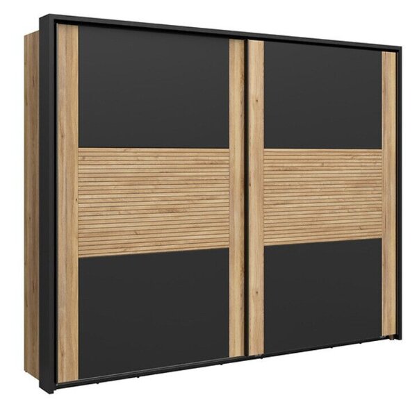 Dulap Livdela 104, Stejar deschis, Negru, 223x280x58cm, 239.35 kg, Uși dulap: Glisante, Numărul de rafturi: 3, Numărul de rafturi: 3