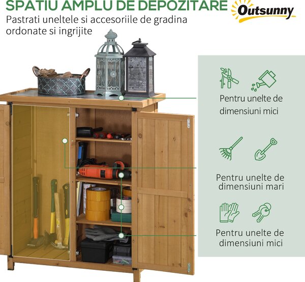 Outsunny Căsuță de Grădină pentru Unelte cu 2 Uși, 4 Rafturi și Bază Ridicată, 75x40x90 cm, Natural | Aosom Romania