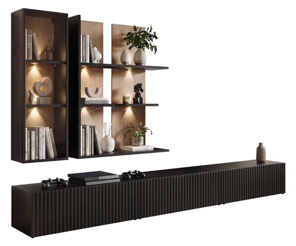 Set de living Amices, Stejar, Negru, Sticlă călită, MDF, PAL laminat, 98 kg