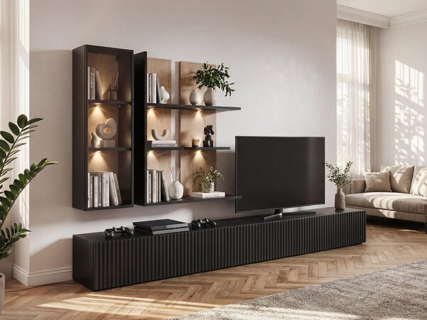Set de living Amices, Stejar, Negru, Sticlă călită, MDF, PAL laminat, 98 kg