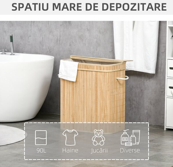 HOMCOM Coș Pliabil pentru Rufe cu 2 Compartimente, Capac Detașabil și Mânere, 54,2x35,2x59,5 cm, Natural | Aosom Romania