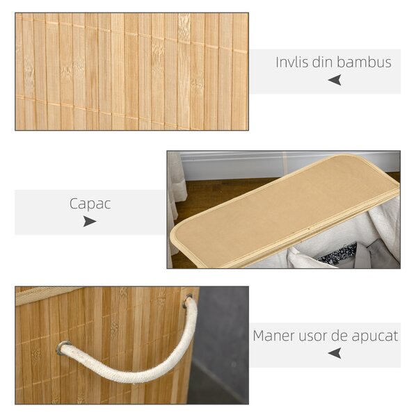 HOMCOM Coș Pliabil pentru Rufe cu 2 Compartimente, Capac Detașabil și Mânere, 54,2x35,2x59,5 cm, Natural | Aosom Romania
