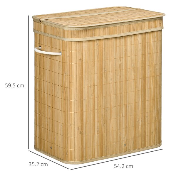 HOMCOM Coș Pliabil pentru Rufe cu 2 Compartimente, Capac Detașabil și Mânere, 54,2x35,2x59,5 cm, Natural | Aosom Romania