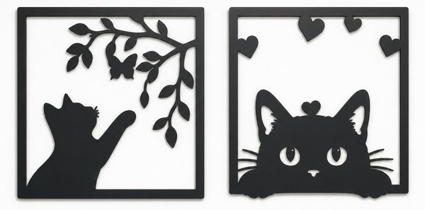 Set 2 decorațiuni cu pisici în ramă pătrată, siluete negre, Autoadeziv