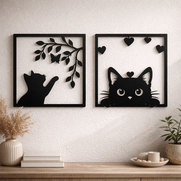 Set 2 decorațiuni cu pisici în ramă pătrată, siluete negre, Autoadeziv
