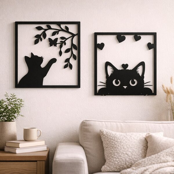 Set 2 decorațiuni cu pisici în ramă pătrată, siluete negre, Autoadeziv
