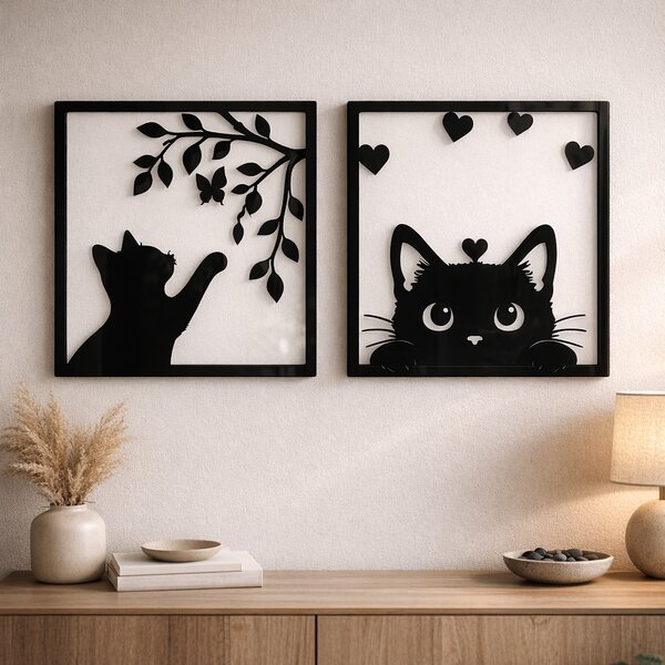 Set 2 decorațiuni cu pisici în ramă pătrată, siluete negre, Autoadeziv